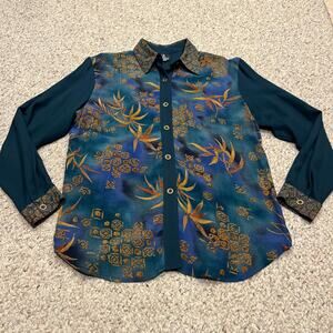 Ali Miles Vintage Floral Button Down Blouse M Artsy Feminine Art to Wear Casual